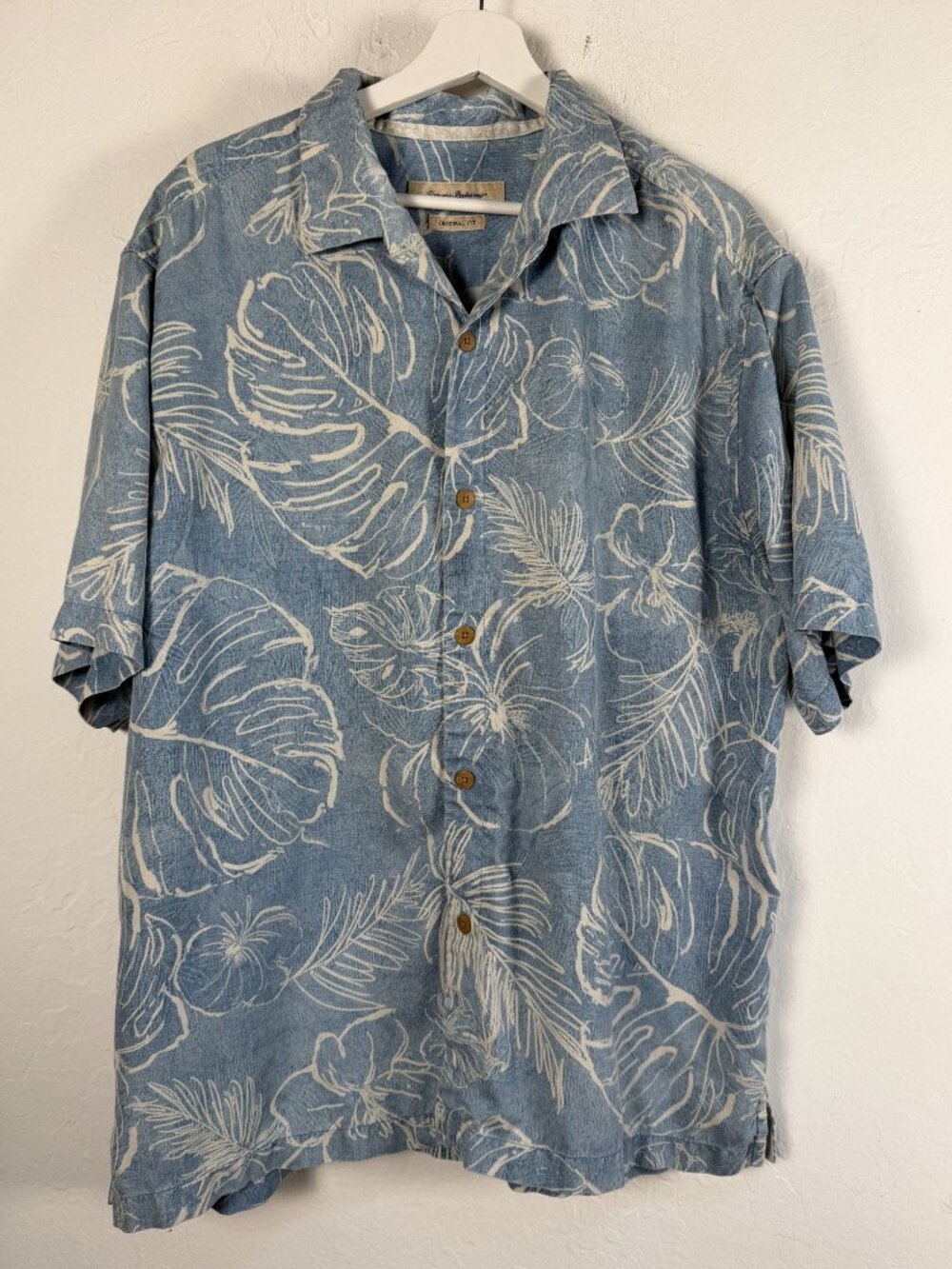 Tommy Bahama Camp Shirt Men Monstera Palm Leaf Blue White Silk Blend Hawaiian XL